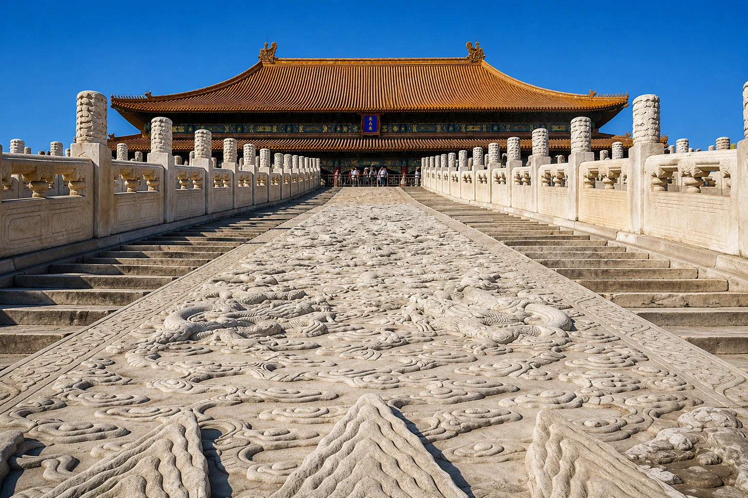 Monumentales Marmorrelief mit Drachenmotiv in der Verbotenen Stadt in Peking.